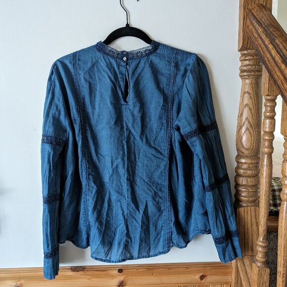 J. Crew Denim Lace Trim Mock Neck Blouse Size Small - Picture 5 of 8